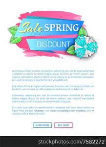 Spring sale and discount webpage, white page with colorful flower. Holiday bright website with decoration of blossom and links read more and buy now vector. Spring Sale and Discount Page with Flowers Vector