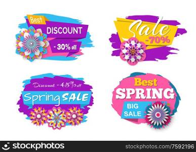 Spring sale and promotion vector, banners with stripes and flowers decoration, offers and discounts of shops and stores, retailing and shopping set. Spring Sale 70 Percents Off, Lowered Prices Set