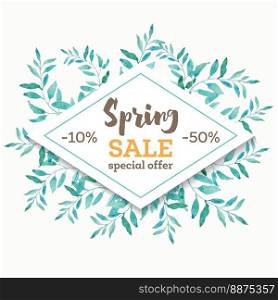 Spring sale background banner with beautiful watercolor leaves. Vector illustration.