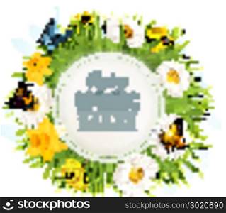 Spring Sale Background With A Green Grass and flowers and Butterflies.