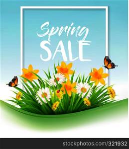 Spring sale background with grass, flowers and a butterfly. Vector.