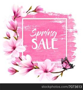 Spring sale background with pink blooming magnolia and butterfly. Vector