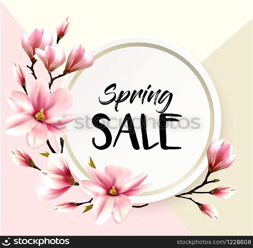 Spring sale background with pink blooming magnolia. Vector
