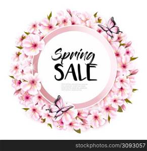 Spring sale background with pink blooming sakura. Vector