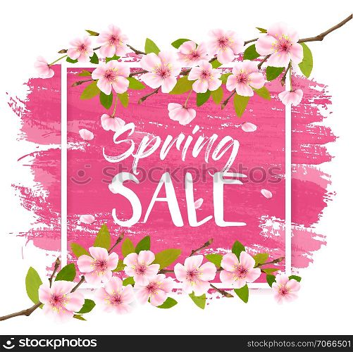 Spring sale background with pink blooming sakura. Vector