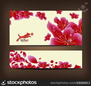 Spring sale banner design with sakura blossom. Chinese new year 2018 (hieroglyph: Dog)