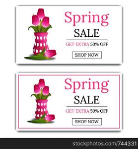Spring Sale Banner Template Background with Bouquet of Tulips. Voucher, flyers, invitation, posters, brochure, coupon discount,greeting card. Vector illustration.