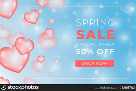 Spring sale banner with ballon hearts on romantic blue light background. Vector poster for spring sale with discount- 50 percent off. International women&rsquo;s day discount flyer template. Realism. Spring sale banner with ballon hearts on romantic blue light background. Vector poster for spring sale with discount- 50 percent off. International women&rsquo;s day discount flyer template