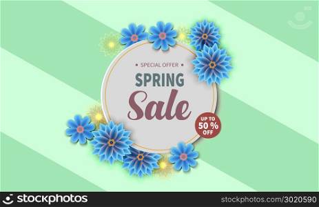 Spring Sale Banner with colorful flower and gold frame. Vector Illustration.