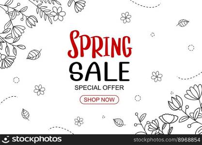 Spring sale banner with leaf and flower hand drawn on white background.
