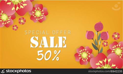 Spring sale banner with paper flowers on a yellow background. Vector illustration. Banner perfect for promotions, magazines, advertising, web sites