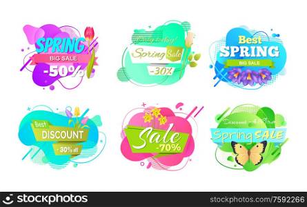 Spring sale, best discount label decorated by butterfly with tulip, rose and violet, bright color of geometric liquid promo, season offer decoration vector. Season Offer label Decorated by Flowers Vector