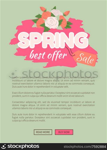 Spring sale best offer promo poster with flower bouquet and text sample. Vector abel with rose buds bouquet on brush strokes, advertisement leaflet website template. Spring Sale Best Offer Promo Poster with Flowers