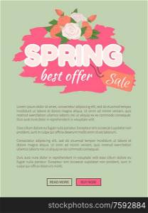 Spring sale best offer promo poster with flower bouquet and text sample. Vector abel with rose buds bouquet on brush strokes, advertisement leaflet website template. Spring Sale Best Offer Promo Poster with Flowers