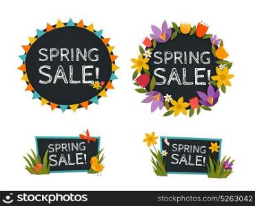 Spring Sale Chalkboard Banners . Spring sale chalkboard banners with decorative frames contain colorful sun rays and flowers flat vector illustration