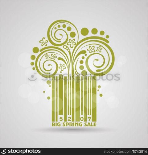 Spring sale design. Green stroke code. Fresh discounts. Beautiful colorful illustration with green leaves and flowers.