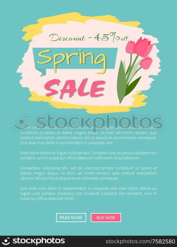Spring sale, discount 45 percent off, webpage decorated by pink tulips, shopping online. Website with links buy and read now, springtime prices vector. Discount and Spring Sale, Pink Tulips, Web Vector