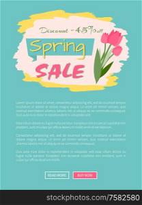Spring sale, discount 45 percent off, webpage decorated by pink tulips, shopping online. Website with links buy and read now, springtime prices vector. Discount and Spring Sale, Pink Tulips, Web Vector