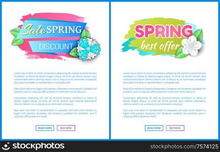 Spring sale discount, best offer promotion leaflets with text sample and push buttons. Promo price, web page template, tag and blooming plant, vector. Spring Sale Discount Best Offer Promotion Leaflets