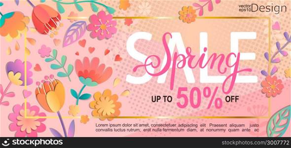 Spring sale flyer, banner.. Spring sale flyer, banner with lettering on pink background with beautiful flowers. Vector illustration template, card, banner, poster, voucher discount.
