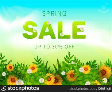 Spring Sale flyer. Vector realistic illustration of calm spring background sky, chamomile, grass and ribbon. Text phrase Spring sale up to 30 percent off. Spring Sale collection. Vector background with sun, chamomile, grass and ribbon. Text design.
