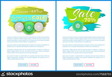 Spring sale forty five percent off, total discounts till 70 , vector web posters set with blooming flowers on promo labels. Template of online page or site. Spring Sale 45 Percent Off, Total Discount Till 70