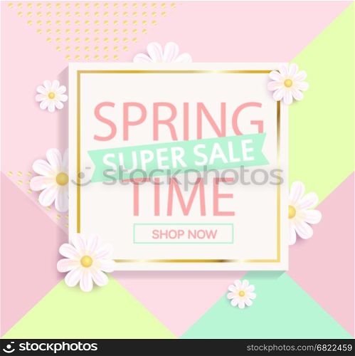 Spring sale geometric background with beautiful flower. Vector illustration template and banners, wallpaper, flyers, invitation, posters, brochure, voucher discount.