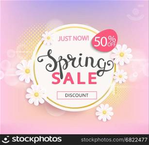 Spring sale label, 50 percent discount.. Spring sale label with beautiful flower. Vector illustration template and banners, wallpaper, flyers, invitation, posters, brochure and voucher discount.