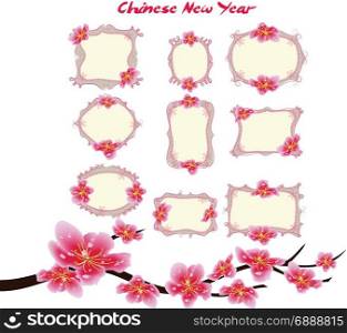 Spring sale label design with sakura flowers. Cherry blossoms and lantern, chinese new year
