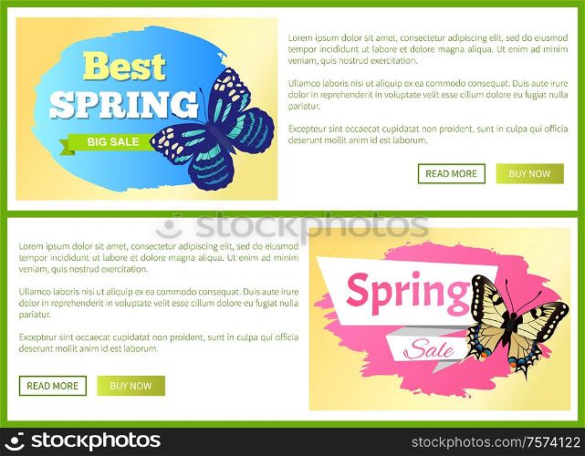 Spring sale labels web horizontal posters butterflies with ornaments on wings and antenna promo vector springtime stickers, realistic butterfly, text. Spring Sale Labels Horizontal Posters Butterflies