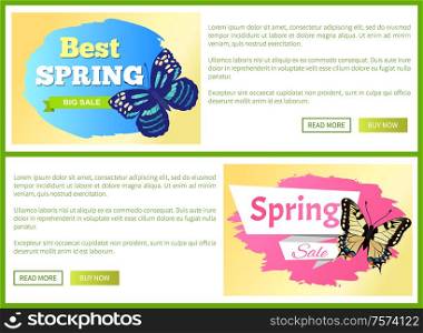 Spring sale labels web horizontal posters butterflies with ornaments on wings and antenna promo vector springtime stickers, realistic butterfly, text. Spring Sale Labels Horizontal Posters Butterflies