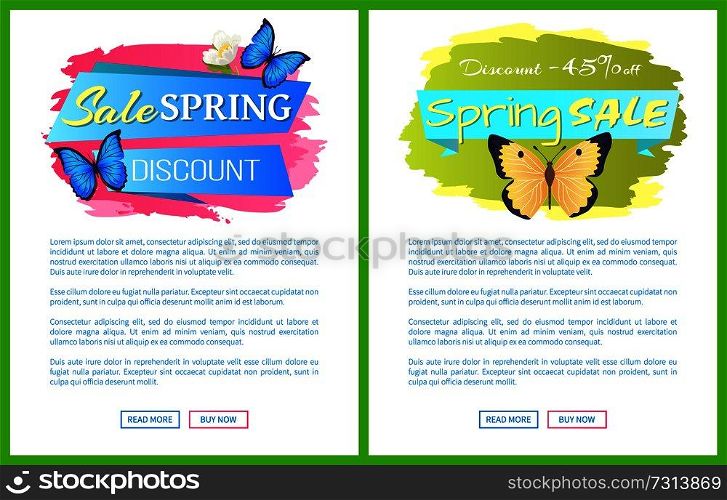 Spring sale posters set discounts colorful butterflies and anemone flower, vector illustration promo sticker, web poster with buttons read more buy now. Spring Sale Posters Set Discount Color Butterflies