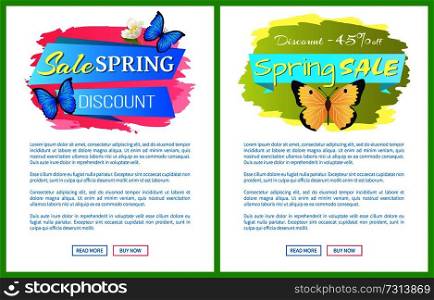 Spring sale posters set discounts colorful butterflies and anemone flower, vector illustration promo sticker, web poster with buttons read more buy now. Spring Sale Posters Set Discount Color Butterflies