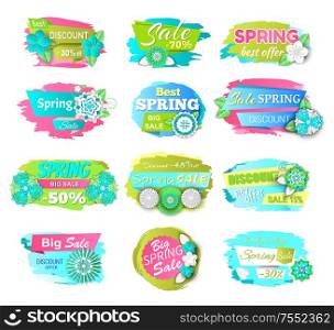 Spring sale price tags on brush strokes. Springtime flower blossoms and blooming plants, vector discount labels isolated icons. Price off stickers. Spring Sale Price Tags on Brush Strokes Springtime