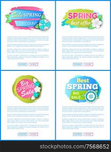 Spring sale price tags on web posters with text sample. Springtime flower blossoms and blooming plants, vector discount labels. Price off stickers on websites. Spring Sale Price Tags on Posters with Text Sample