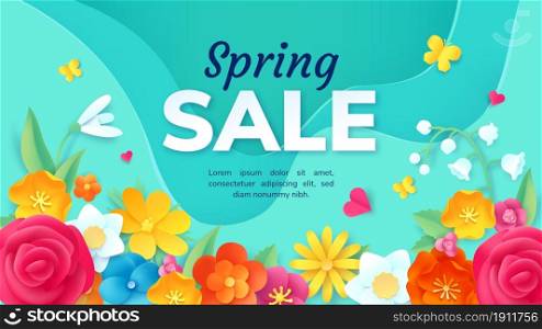 Spring sale promotion banner with paper cut flowers. Poster with 3d origami floral decoration. Fashion product discount offer vector design. Rose, may lily and snowdrop blossom for commerce. Spring sale promotion banner with paper cut flowers. Poster with 3d origami floral decoration. Fashion product discount offer vector design