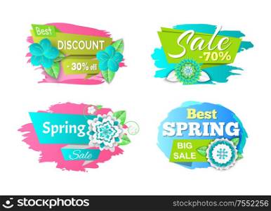 Spring sale seasonal proposition of markets banners set vector. Flowers in bloom, reduction of price, clearance and special offer for customers of shop. Spring Sale Seasonal Proposition of Markets Set