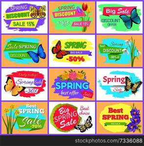 Spring sale set of posters butterflies and flowers. Best offer discount collections crocus and daffodils, snowdrops and tulips, various butterflies. Spring Sale Set Posters Butterflies and Flowers