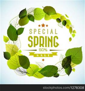 Spring sale vector poster with fresh green leafs