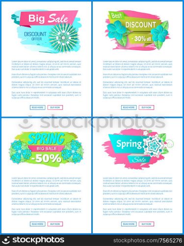 Spring sale vouchers with blooming flowers, web pages with text sample. Vector price tags with springtime buds, best offer discounts, 50 and 30 percent reduction. Spring Sale Vouchers Blooming Flowers, Web Pages