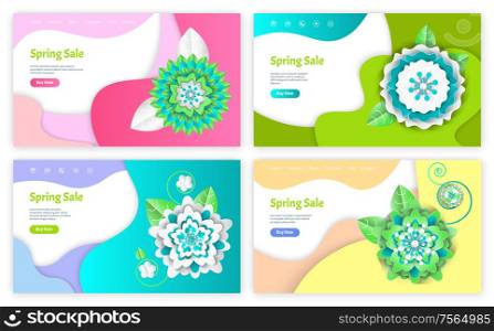 Spring sale web pages with text sample and buttons vector. Reduction of price, ecommerce online business, origami decoration flowers made of paper. Spring Sale Web Pages with Text Sample and Buttons