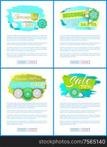 Spring sale web posters with promo tags decorated by blooming flowers. Vector web posters with discounts 15, 30, 45 and 70 percent off, text sample. Spring Sale Web Posters with Promo Tags Vector