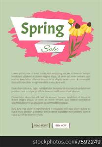 Spring sale webpage decorated by yellow daisies, shopping online. Website with links buy and read now, springtime prices, label with blossom vector. Website with Yellow Daisies, Spring Sale Vector
