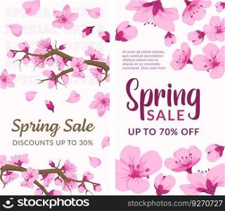 Spring sale with discounts and sale up to 30 or 70 percent. Seasonal reduction of prices for loyal clients. Shops and stores promotional banner for advertisement and marketing. Vector in flat style. Discounts up to thirty percent, spring sale banner