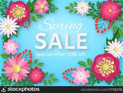 Spring sale with paper flowers. Colorful floral promotion poster, magazine and web site advertising online shopping. Holiday vector beauty origami papercut banner. Spring sale with paper flowers. Colorful floral promotion poster, magazine and web site advertising online shopping. Holiday vector banner