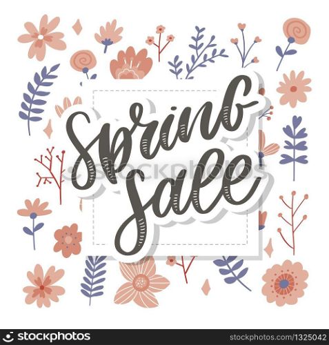 Spring Sale Word Hanging on Leaves with Strings. Vector Illustration. Spring Sale Word Hanging on Leaves with Strings. Vector Illustration flowers