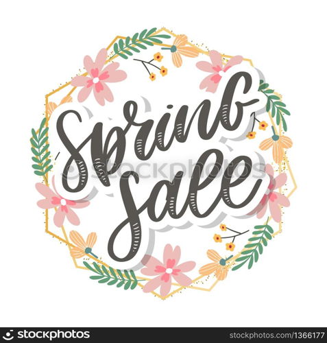 Spring Sale Word Hanging on Leaves with Strings. Vector Illustration. Spring Sale Word Hanging on Leaves with Strings. Vector Illustration flowers