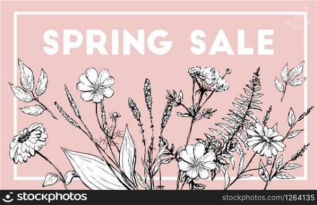 Spring Sale Word Hanging on Leaves with Strings. Vector Illustration flowers. Spring Sale Word Hanging on Leaves with Strings. Vector Illustration template