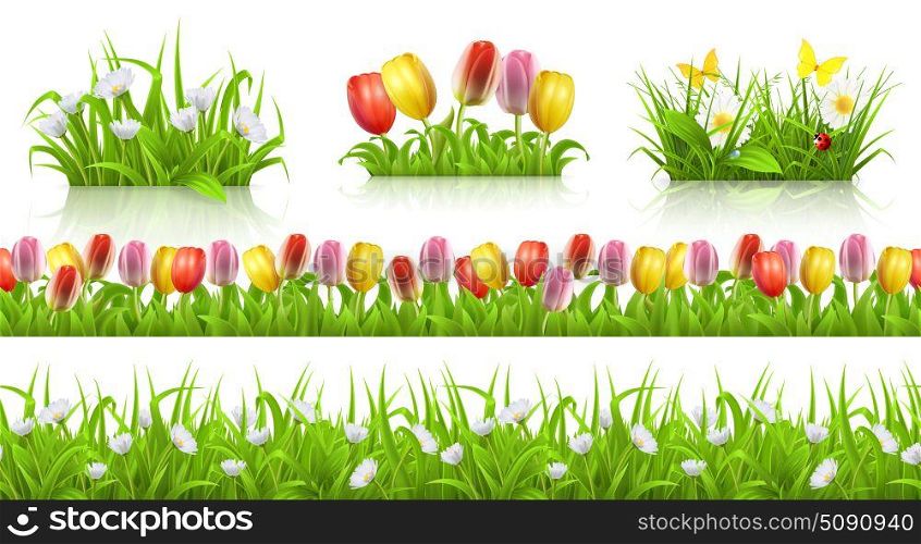 Spring seamless pattern, grass and flowers 3d vector set