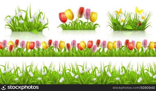 Spring seamless pattern, grass and flowers 3d vector set